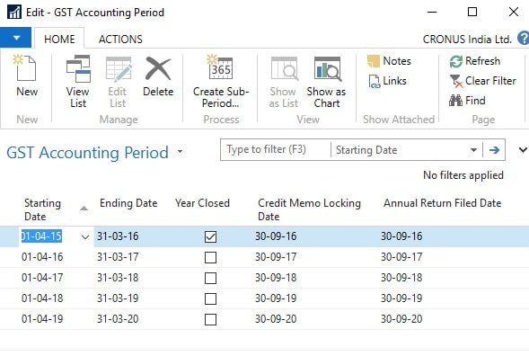 Dynamics NAV 2016 GST Accounting Period Setup Page