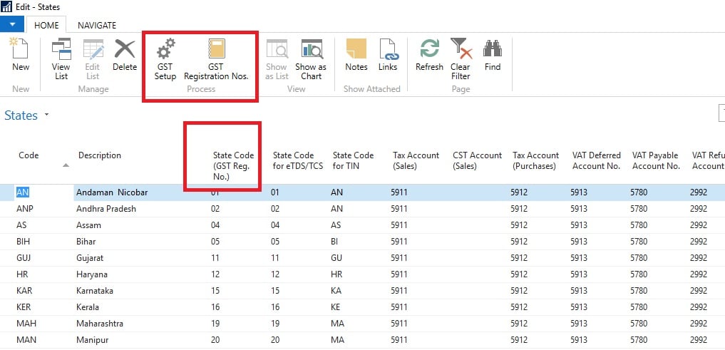 State Page : State Code ( GST Reg. No) setup in dynamics NAV