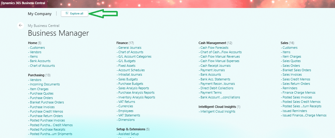 Business Central Explore All Feature
