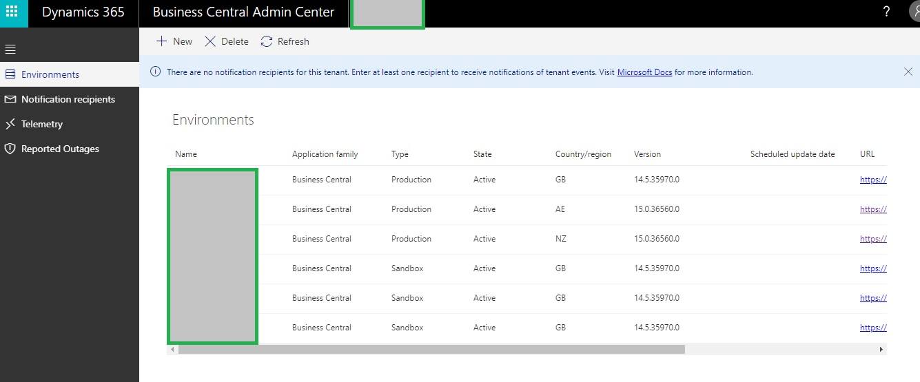 Business central Cloud Admin Center Dashboard