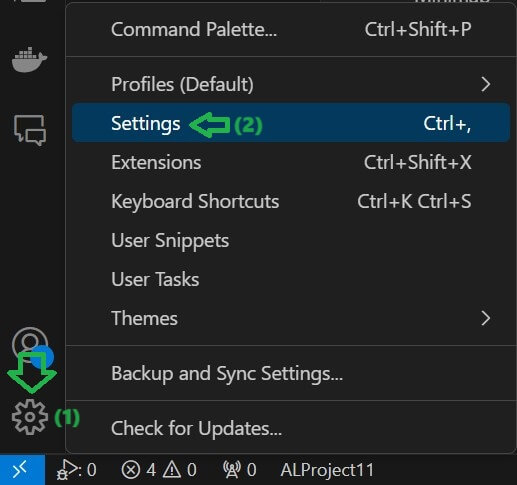 VS Code Settings opening option