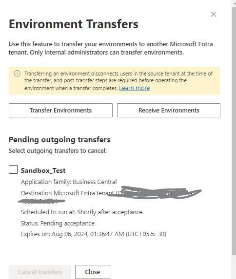 Business Central Cloud Instance Transfer Pending Screen