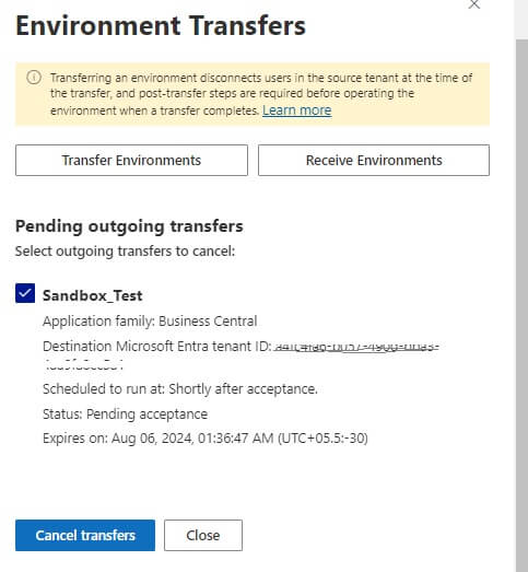 Cancel Transfer Business Center Source to Destination request