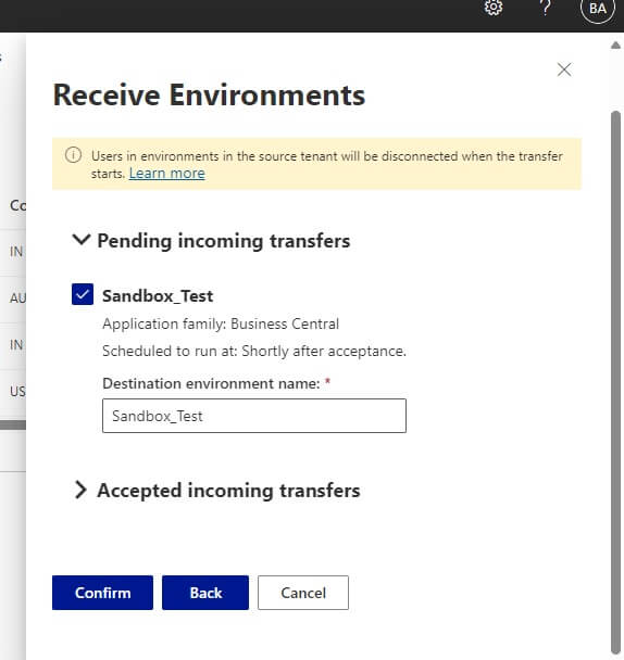 Choose the Sandbox or Production instance and confirm the screen for receiving at the destination location.