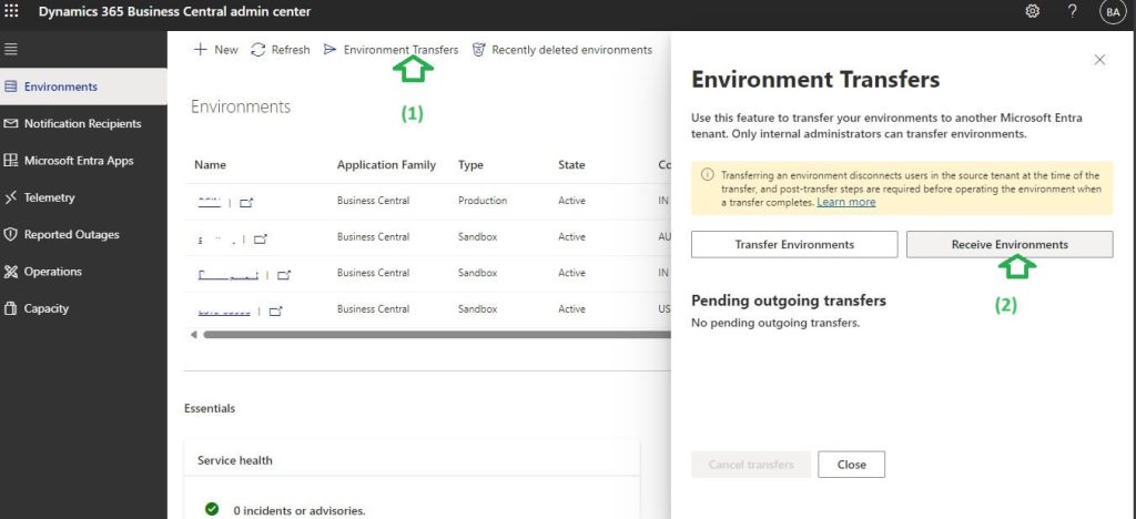 Dynamics 365 Business Central Admin center Receiving Environments from Source Location Steps screen