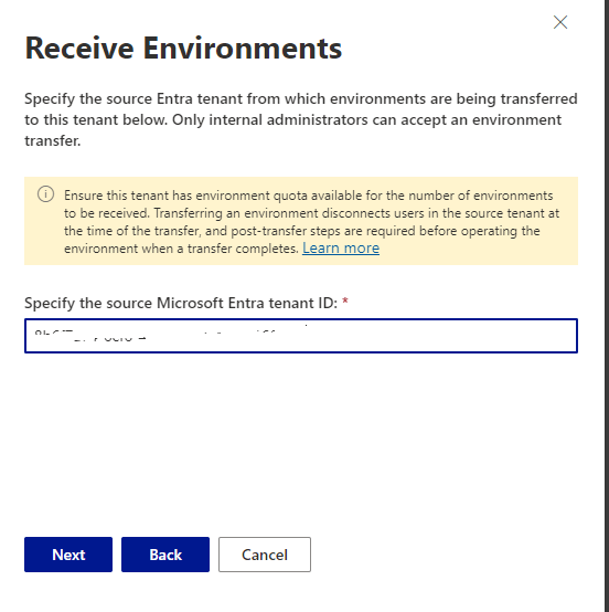 Receiving screen BC Administration Destination Location with tenant ID input