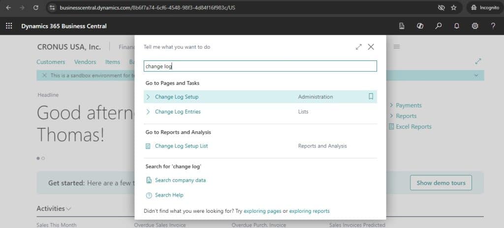 Change Log Search in Business Central