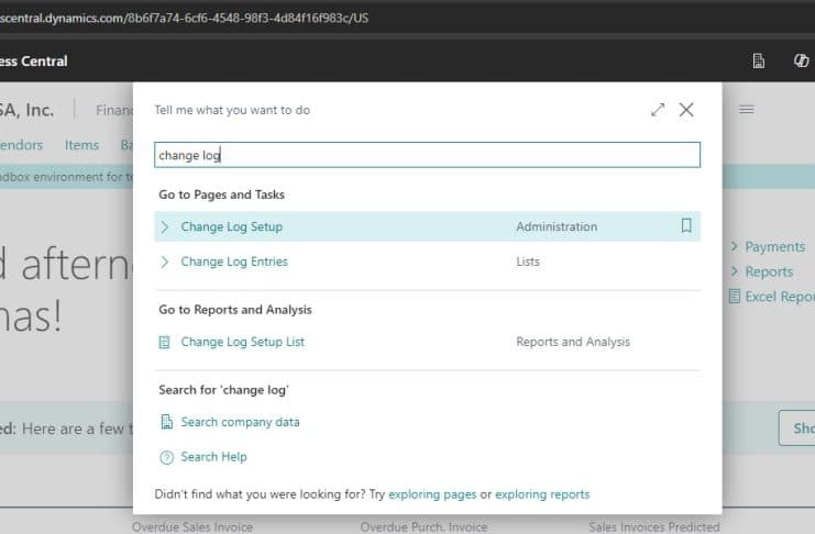 Change Log Search in Business Central