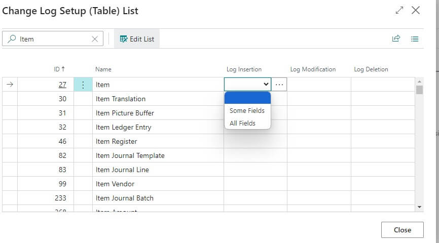 Change log Some fields or all fields tracking