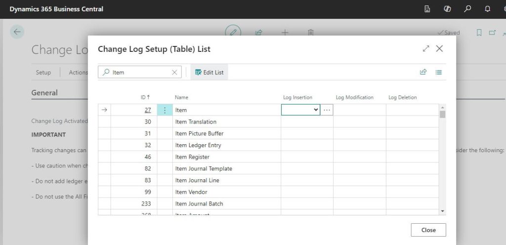 Find the table to which required Change Log needs to activate